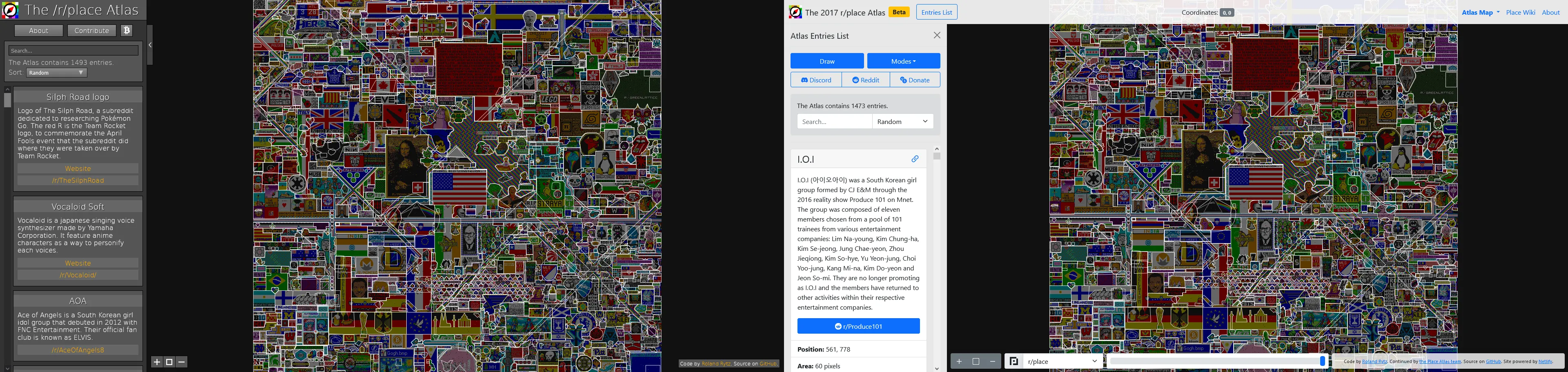 A side-to-side comparison between the old interface (left) and the new interface (right) of The 2017 r/place Atlas.